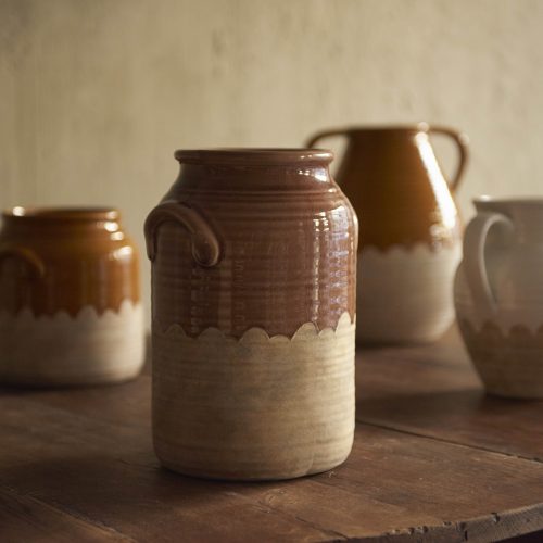 Jarrón natural de gres bicolor marrón y color arena