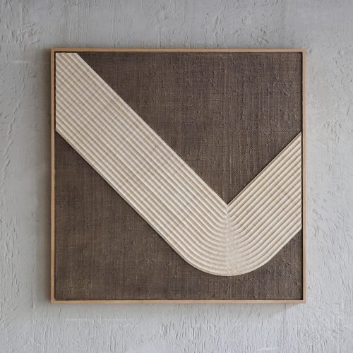 Cuadro abstracto de palma tejida con marco de madera de roble