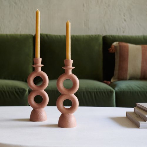 Portavelas de gres color teja mate