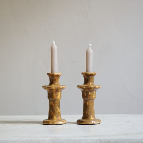 Portavelas artesanal de gres mostaza