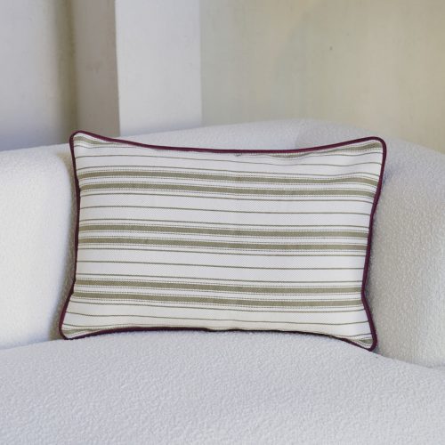 Cojín de rayas verde oliva y trasera terciopelo burdeos